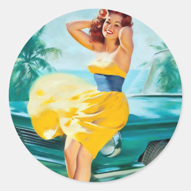 In Yellow Dress Pin Up Classic Round Sticker (Front)