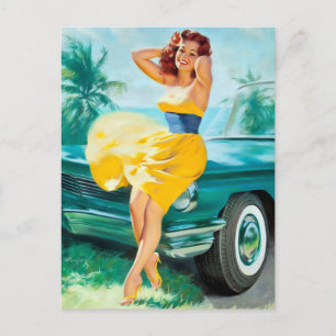 In Yellow Dress Pin Up Postcard