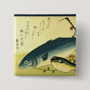 Inada & Fugu - Hiroshige's Japanese Fish Print But 15 Cm Square Badge