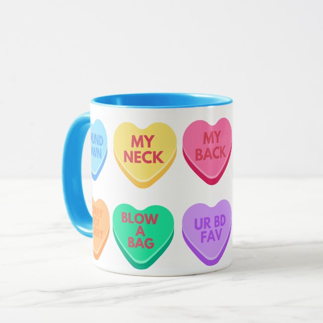 Inappropriate Conversation Candy Hearts Mug (Front Left)
