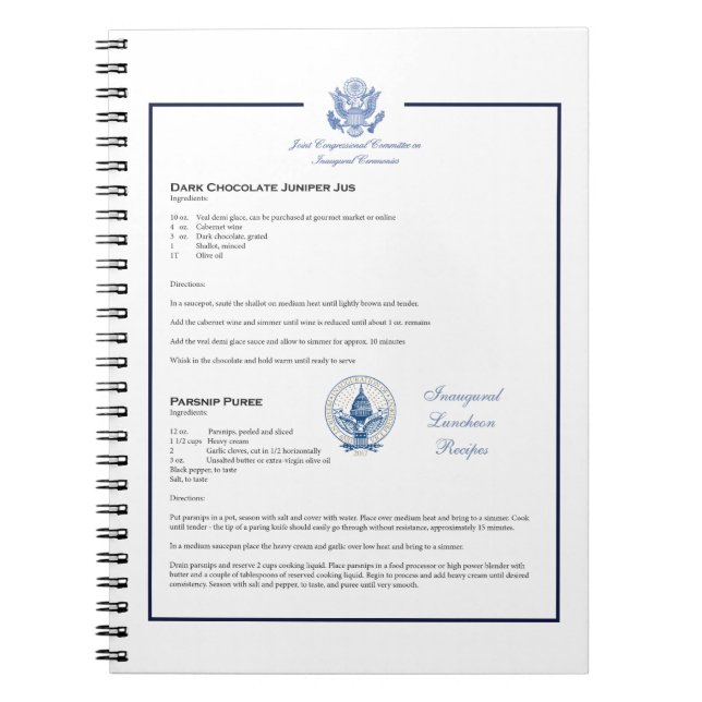 Inaugural Luncheon Recipe Chocolate Jus Puree Notebook (Front)