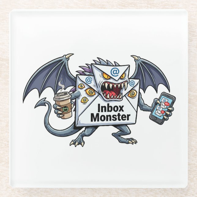 Inbox Monster Email Overload Funny Graphic Glass Coaster (Front)
