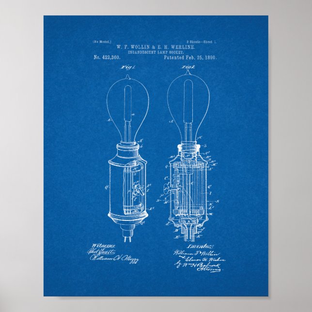 Incandescent Lamp Socket Patent - Blueprint Poster (Front)