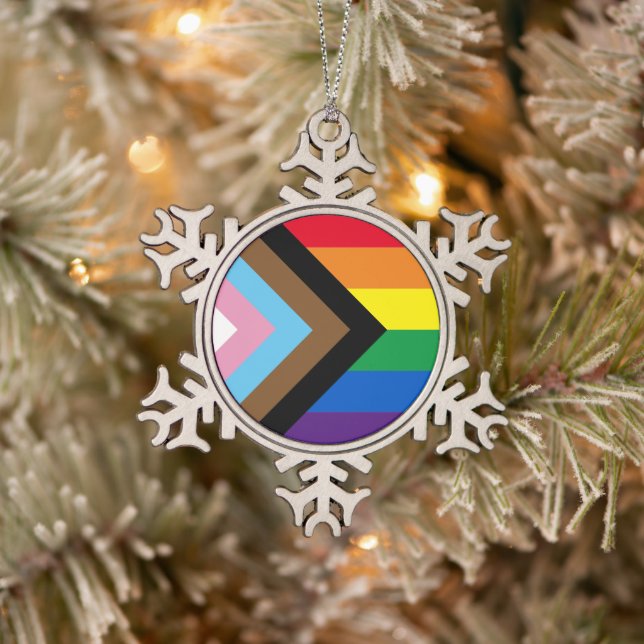 Inclusive rainbow Lgbtq gay diversity flag Snowflake Pewter Christmas Ornament (Tree)