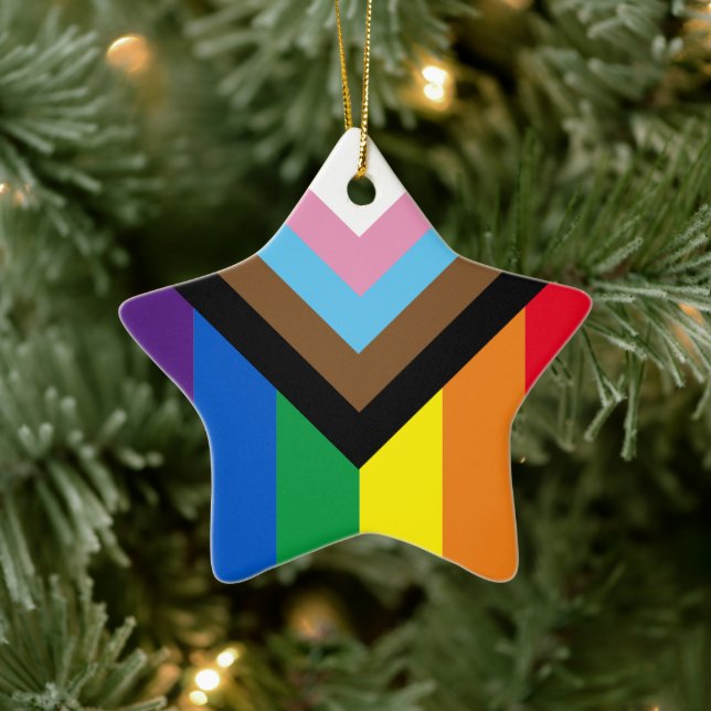 Inclusive rainbow Lgbtq gay diversity flag star Ceramic Tree Decoration (Tree)