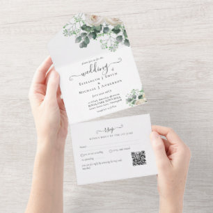 Inclusive White Roses Sage Leaves Wedding RSVP All In One Invitation