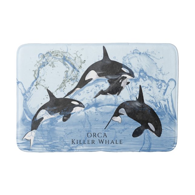 Incredible Black and White Watercolor Orcas Bath Mat (Front)