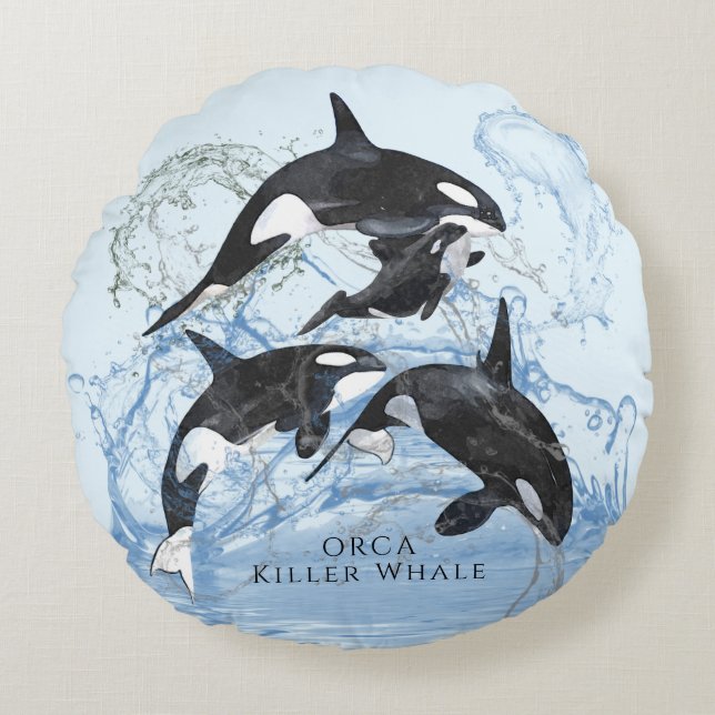 Incredible Black and White Watercolor Orcas Round Cushion (Front)