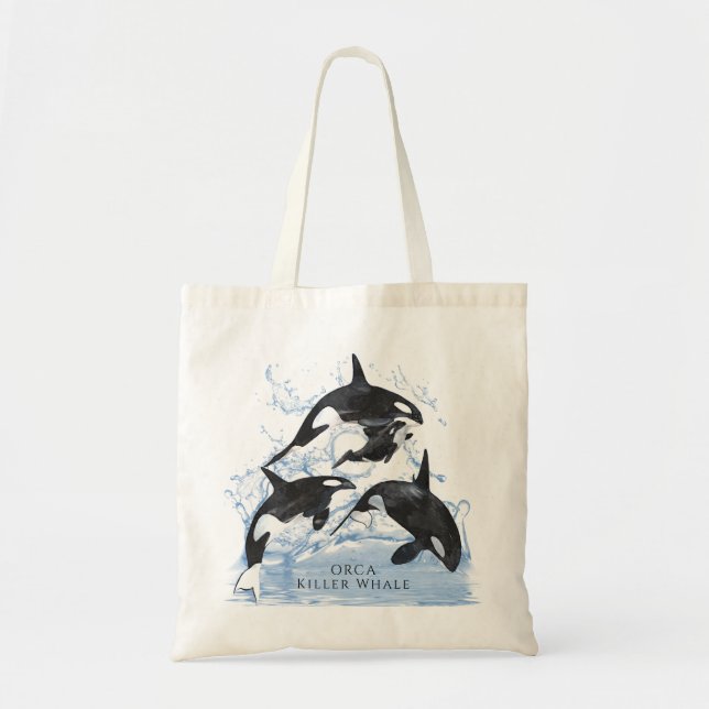 Incredible Black and White Watercolor Orcas Tote Bag (Front)