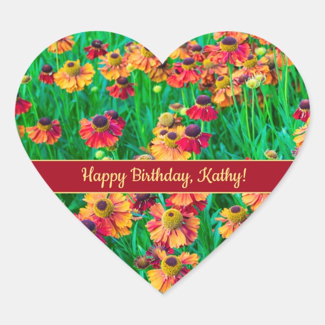 Incredibly Cheery Red and Yellow Helenium Heart Sticker (Front)