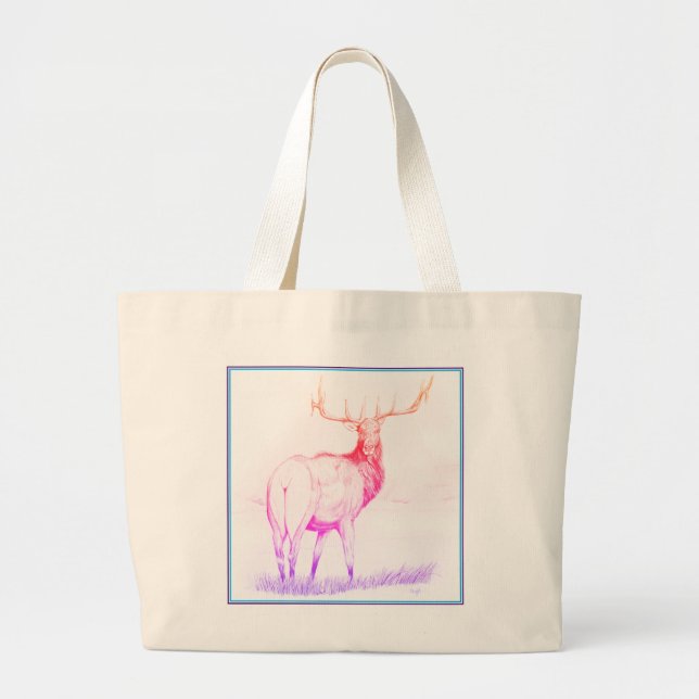 Indecision w/ Border (elk drawing/rainbow) Large Tote Bag (Front)