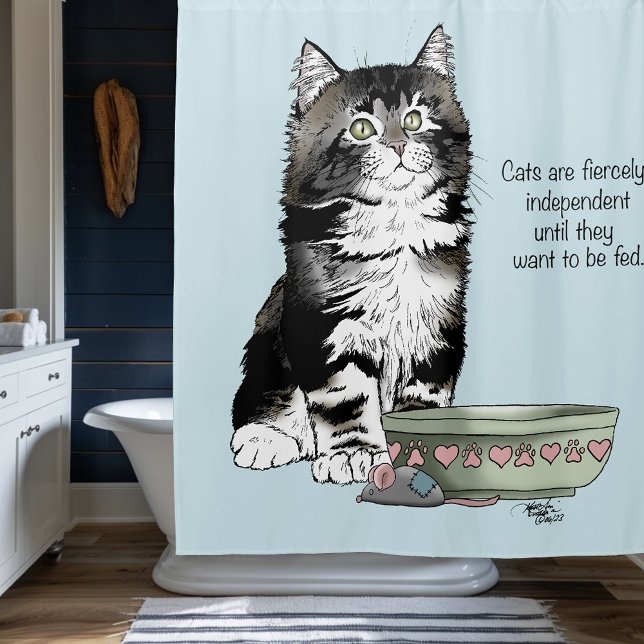 Independant Grey Tabby Blue Cute Funny Cat Shower Curtain (Creator Uploaded)
