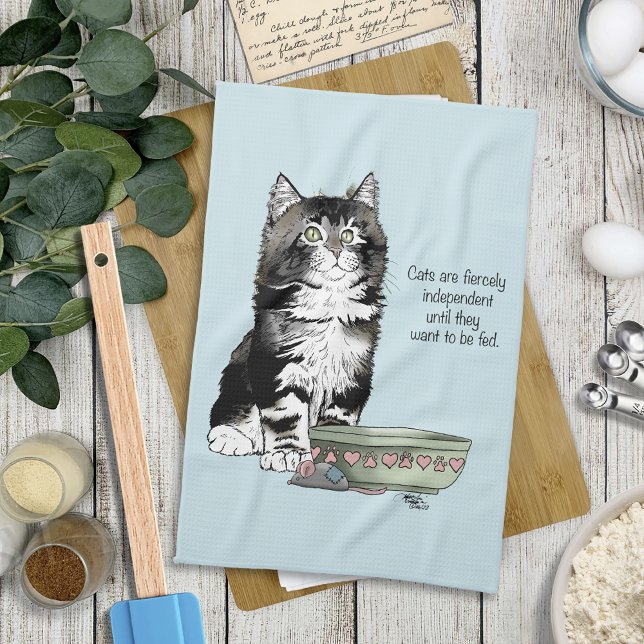 Independant Grey Tabby Blue Cute Funny Cat Tea Towel (Creator Uploaded)