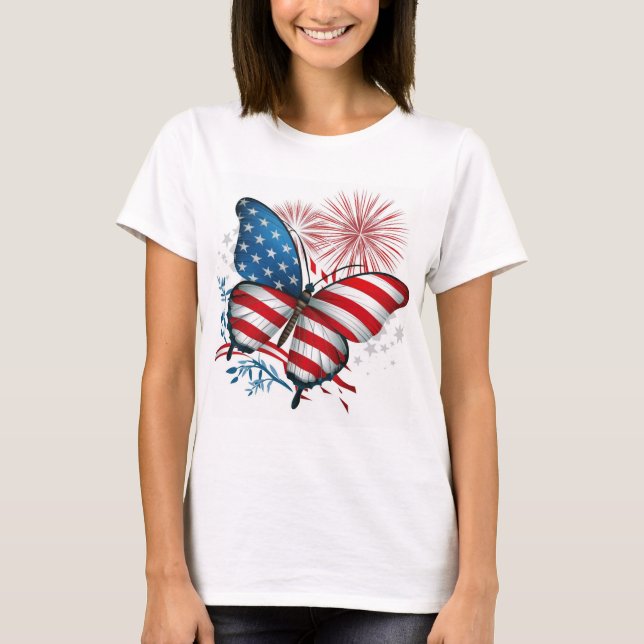 Independence 4th of July Red,White,Blue Butterfly  T-Shirt (Front)