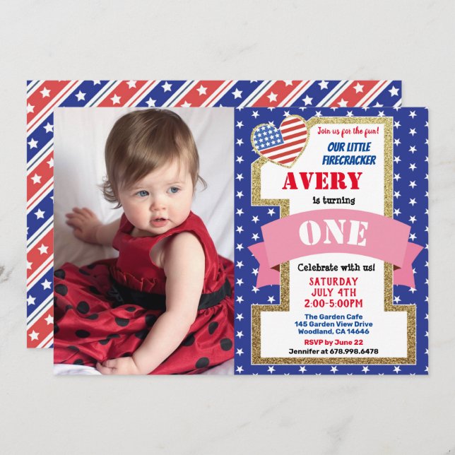 Independence Day 1st First Birthday Girl Photo Invitation (Front/Back)