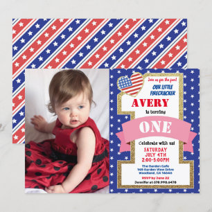 Independence Day 1st First Birthday Girl Photo Invitation