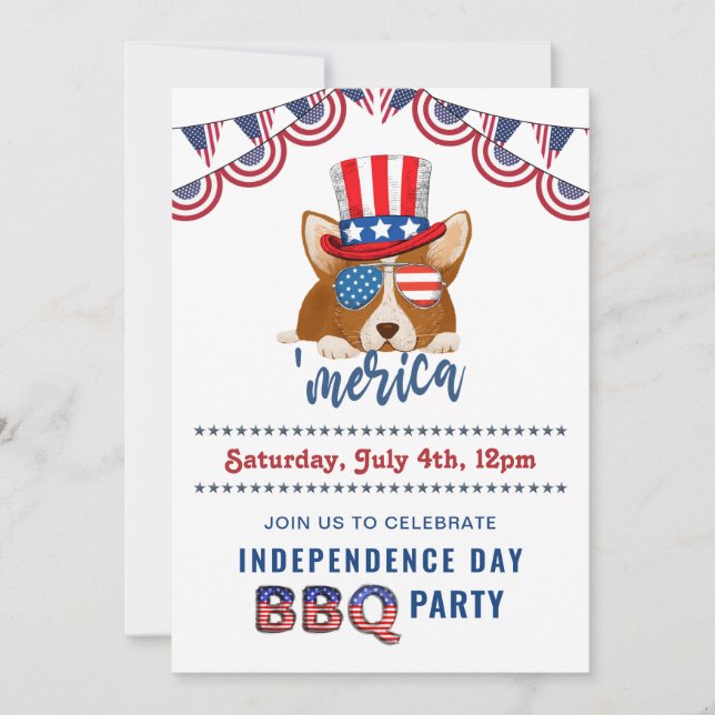 Independence Day American Flag Corgi BBQ Party Invitation (Front)