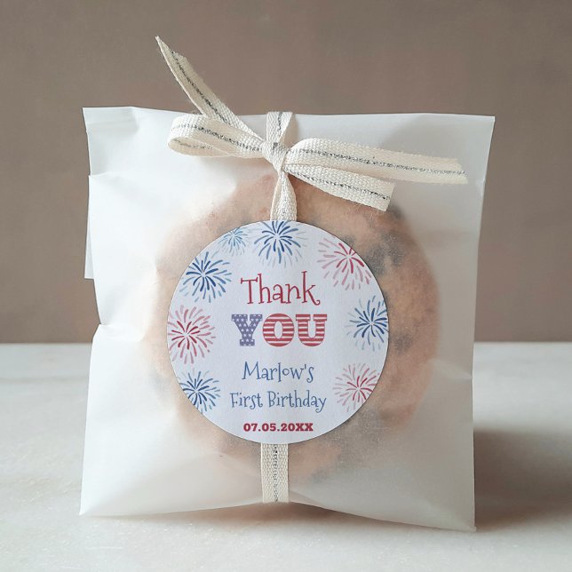 Independence Day Birthday Party Thank You Favour Classic Round Sticker (Patriotic and fun 1st birthday thank you favor sticker design with red and blue fireworks on white)