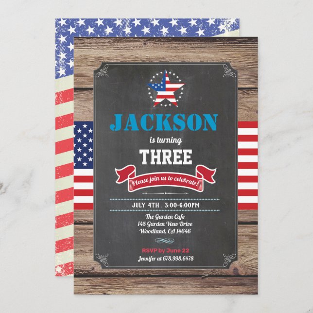Independence Day boy 3rd birthday (any age) kid Invitation (Front/Back)