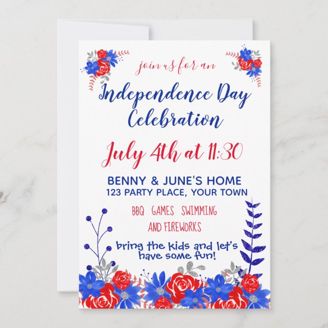 Independence Day Celebration Watercolor Floral Invitation (Front)