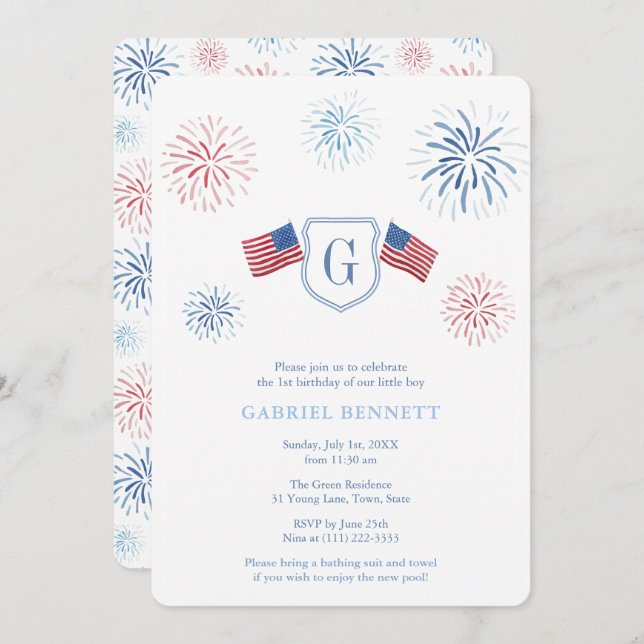 Independence Day Fireworks 1st Birthday Party Invitation (Front/Back)