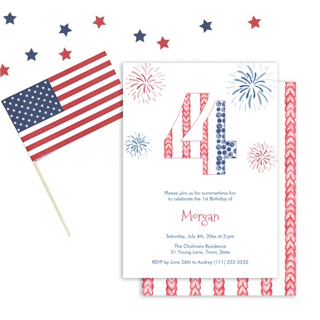 Independence Day Fireworks 4th Birthday Party Invitation (Independence Day Red White And Blue Fireworks 4th Birthday Party Invitation)