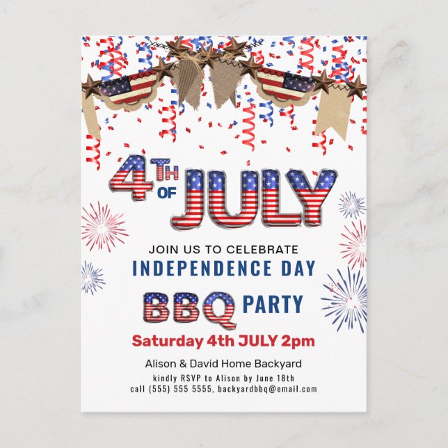 Independence Day Fireworks Confetti BBQ Invitation Postcard (Front)