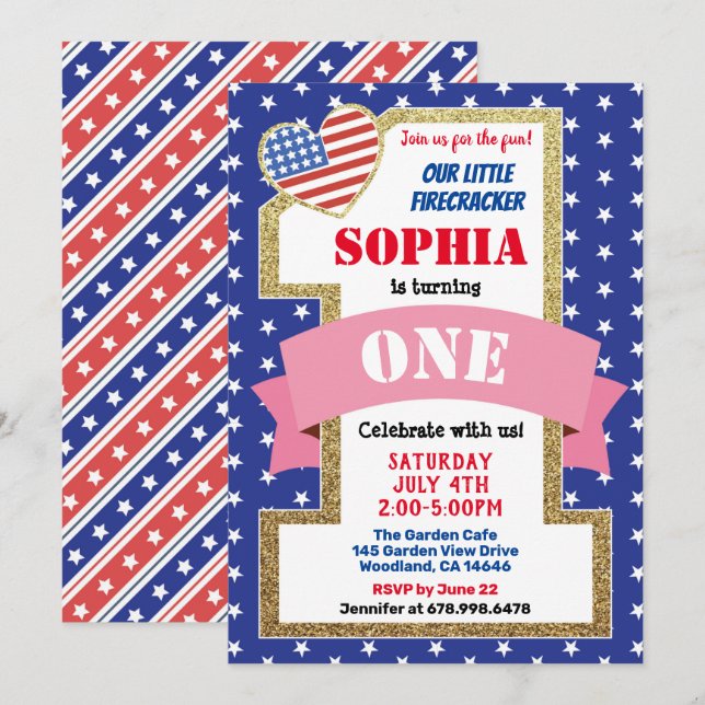 Independence Day Girl 1st First Birthday Party Invitation (Front/Back)