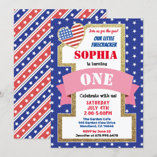 Independence Day Girl 1st First Birthday Party Invitation