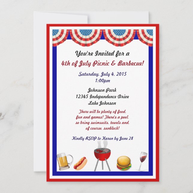 Independence Day Picnic and Barbecue Invitations (Front)