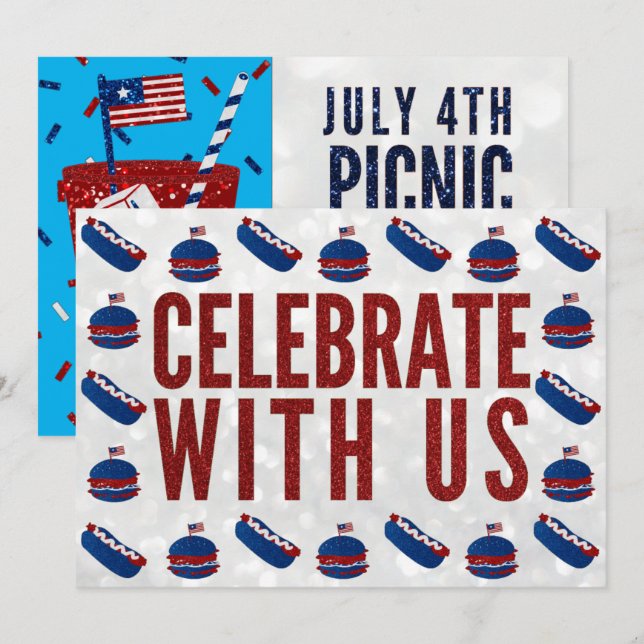 Independence Day Picnic July 4 Glitter Invitation (Front/Back)