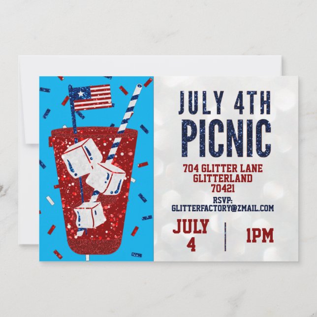 Independence Day Picnic July 4 Glitter Invitation (Back)