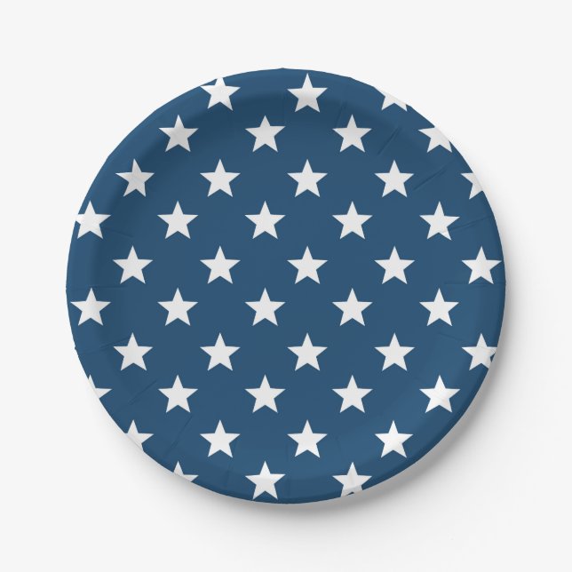 Independence Day Stars in White on Navy Blue Paper Plate (Front)