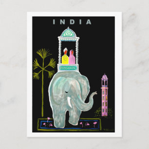 India, couple riding on blue elephant, painting postcard