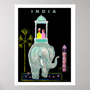 India, couple riding on blue elephant, painting poster