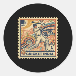 India Cricket Vintage Stamp Rupee With Paisley Art Classic Round Sticker
