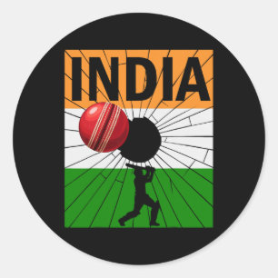 India Cricket With Indian Flag Brush Stroke Ashoka Classic Round Sticker