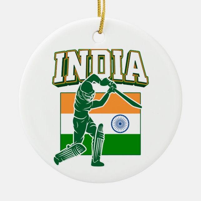 India Cricket With Indian Flag Gift Ceramic Tree Decoration (Front)