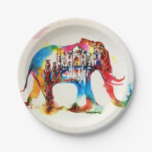 India Elephant Vintage Travel Love Watercolor Paper Plate