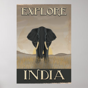 India elephant vintage travel poster