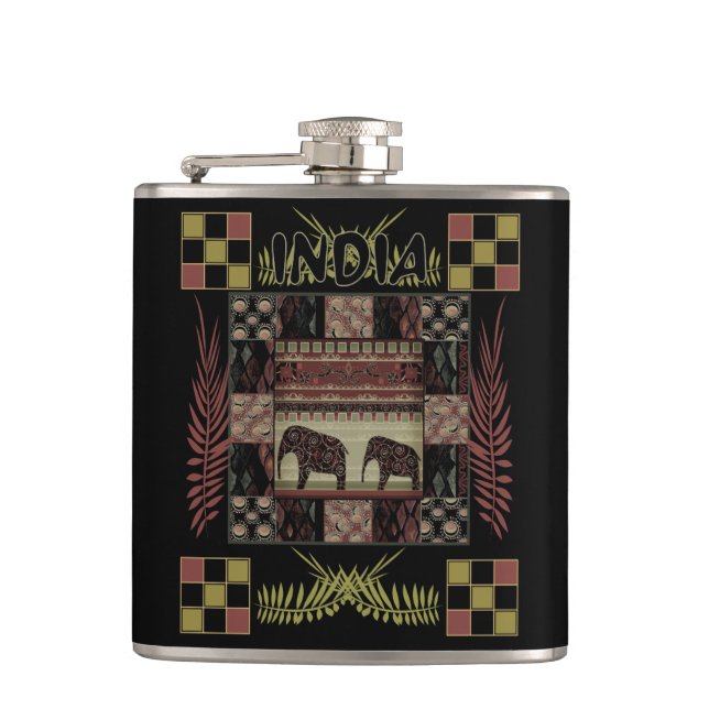 India ethnic patchwork elephants hip flask (Front)