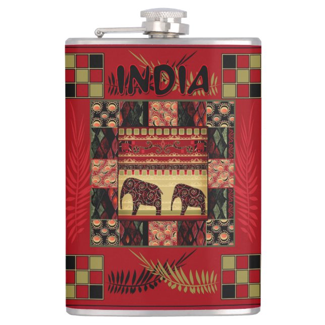 India ethnic patchwork elephants   hip flask (Front)