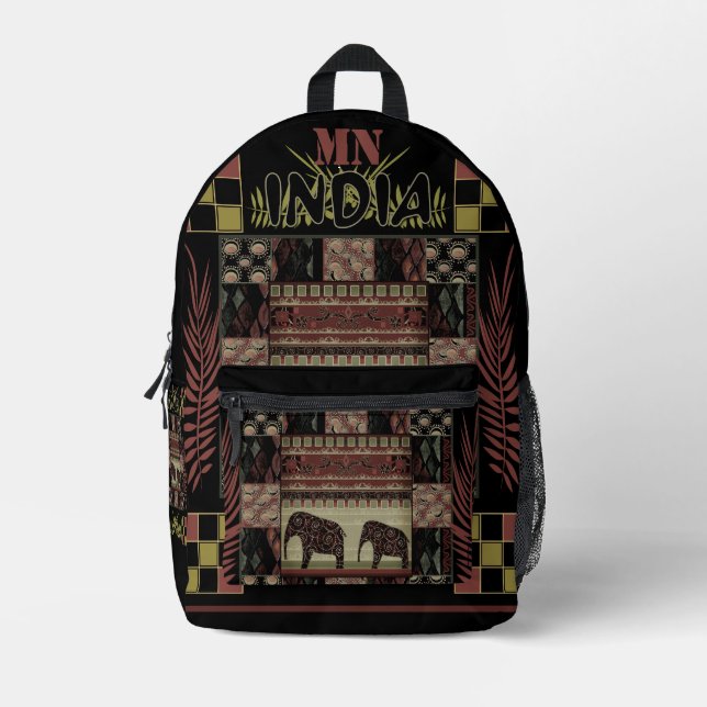 India ethnic patchwork elephants  printed backpack (Front)