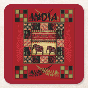 India ethnic patchwork elephants   square paper coaster