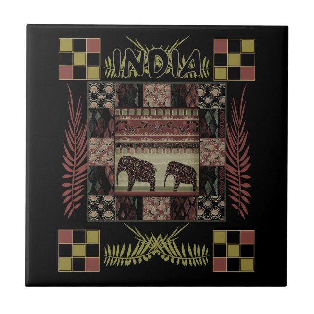India ethnic patchwork elephants  tile (Front)