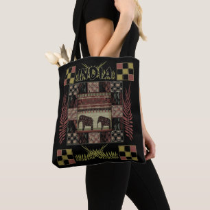 India ethnic patchwork elephants tote bag
