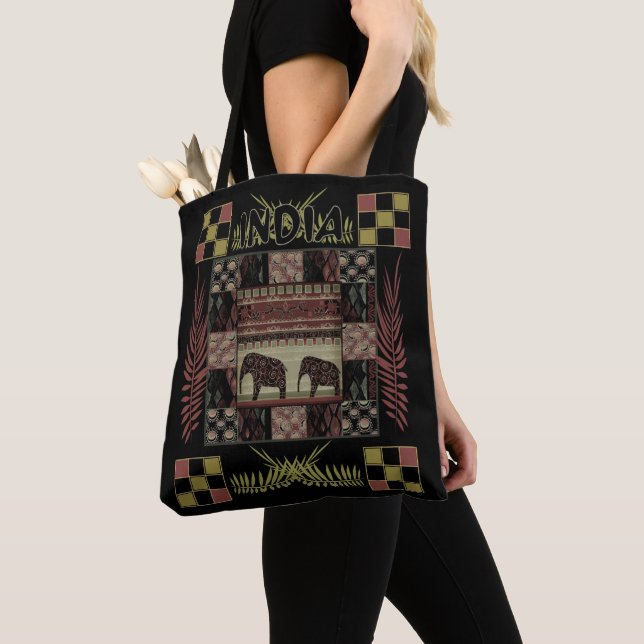 India ethnic patchwork elephants tote bag (Close Up)