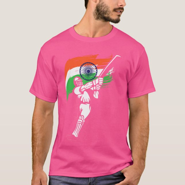 India Flag Batsman Cricket T-Shirt (Front)