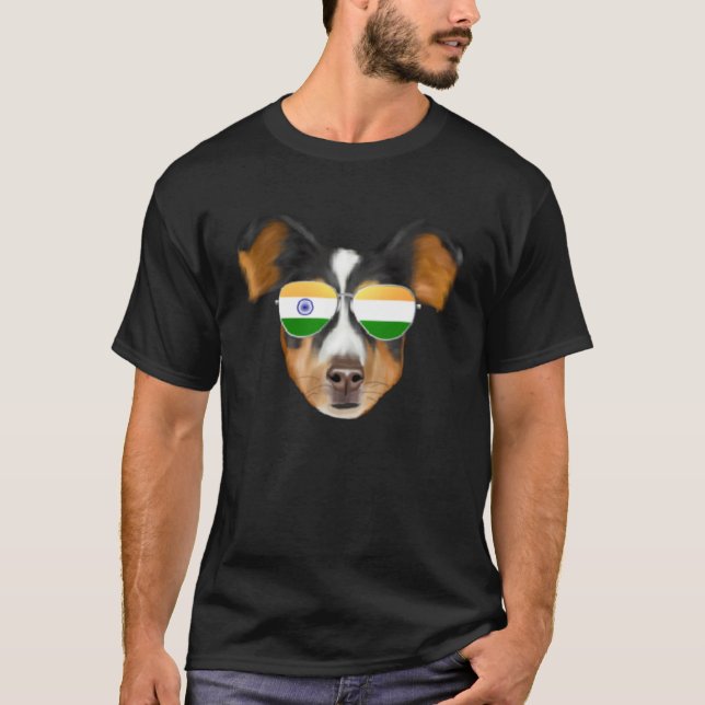 India Flag Shetland Sheepdog Dog India Pocket T-Shirt (Front)