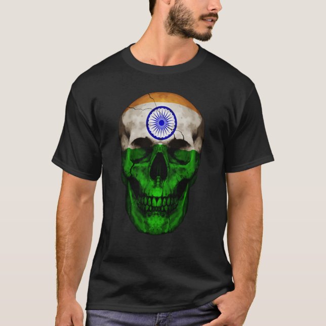 India Flag Skull Indian Roots Proud Patriotic T-Shirt (Front)